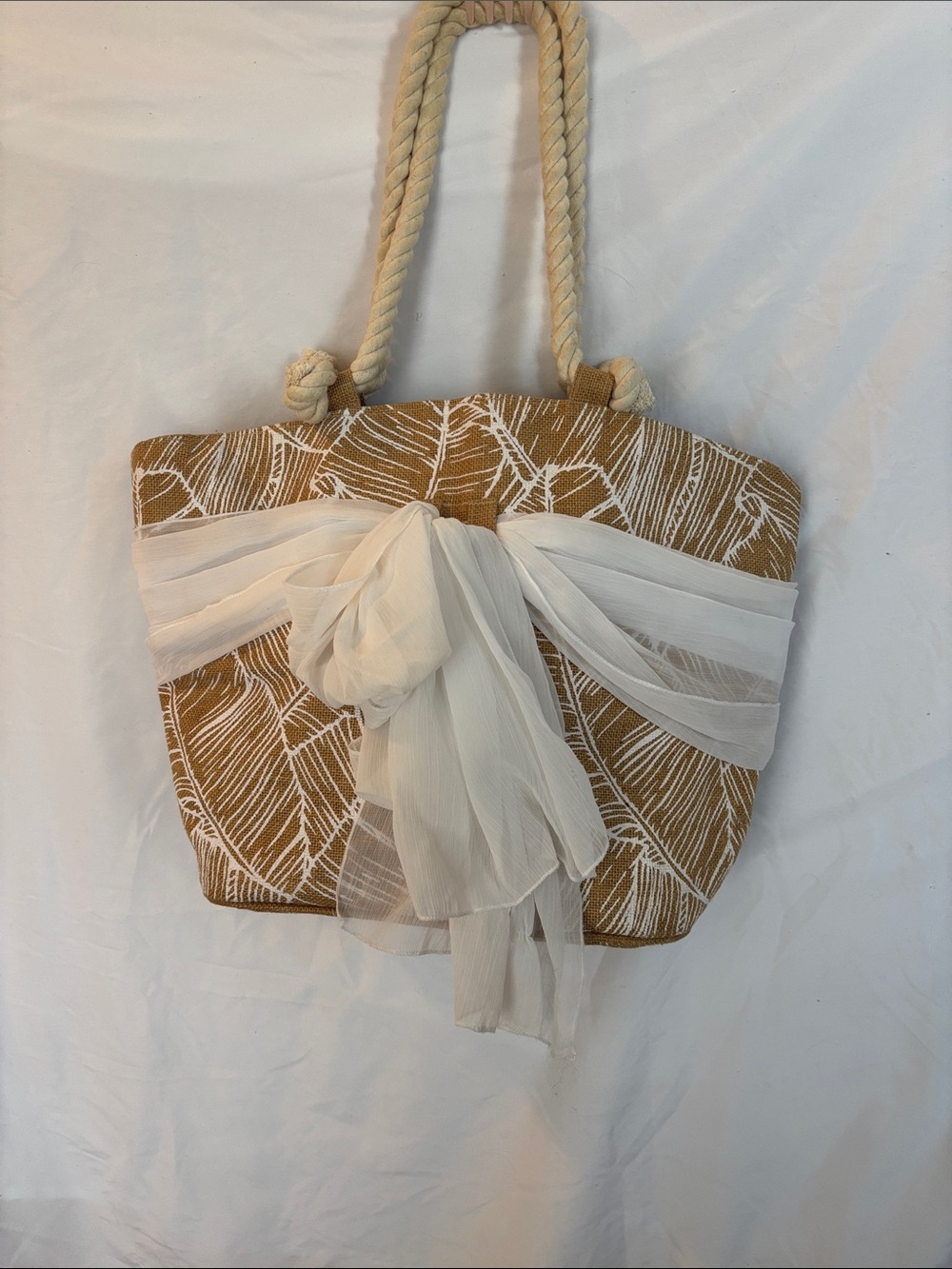 Mud Pie Tan Leaf-Print Tote with Cream Bow
